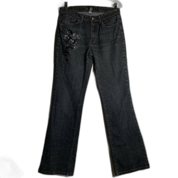 KiKit Jeans Size 8 blue/black color with brown stitching Floral Patching - Picture 1 of 7
